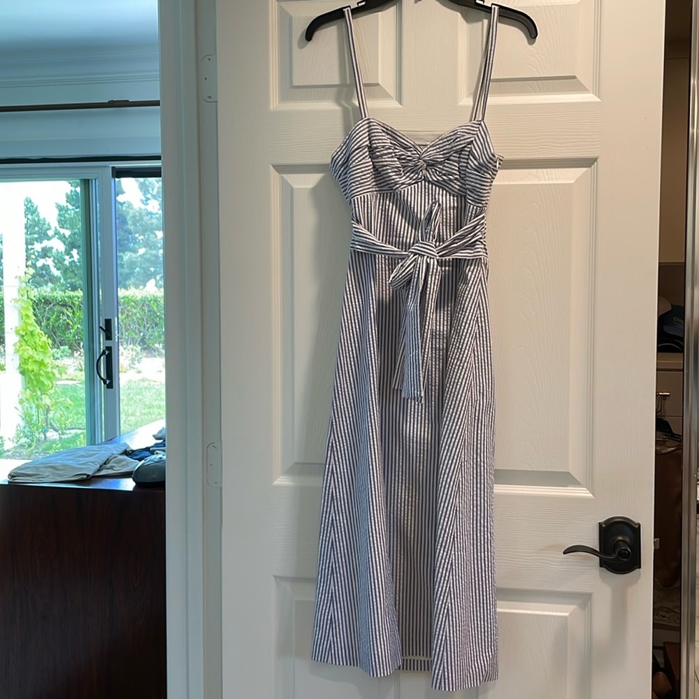 Club Monaco Open Back Blue & White Strip Slit Midi Dress with Belt